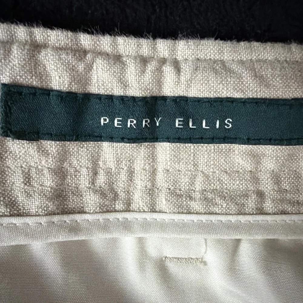 Perry Ellis Pants Mens 34x32 Beige 100% Linen Drawstring Lightweight Beach Relax